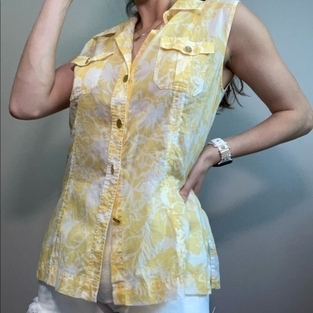 Chicos Yellow Cotton Floral Sleeveless Button Up